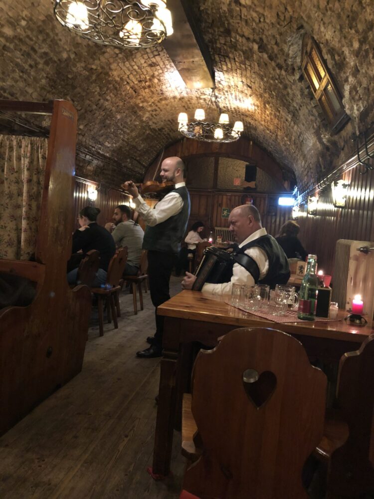エスターハージーケラーのレンガ造りの店内で、バイオリンとアコーディオンを演奏する二人組
