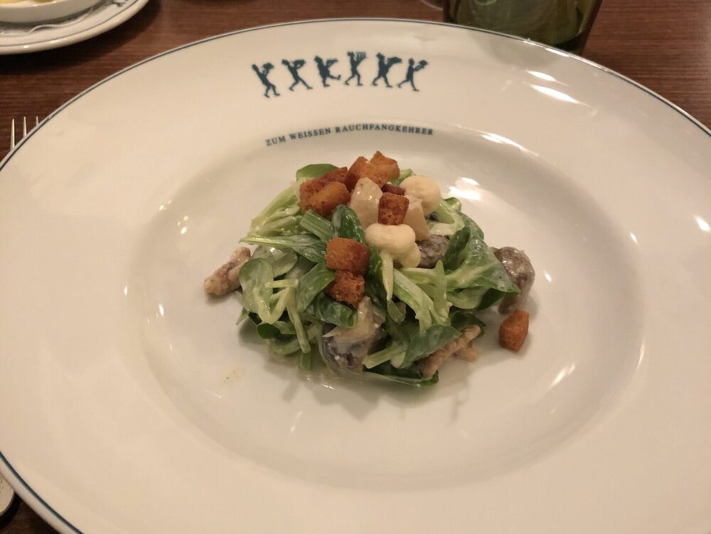 クルトンとナッツが盛り付けられた、ウィーンのレストランの新鮮なサラダ