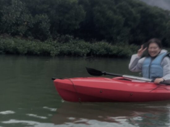 マングローブの枝がトンネルのように重なり合う狭い水路を、カヌーでゆっくりと進む神秘的な光景