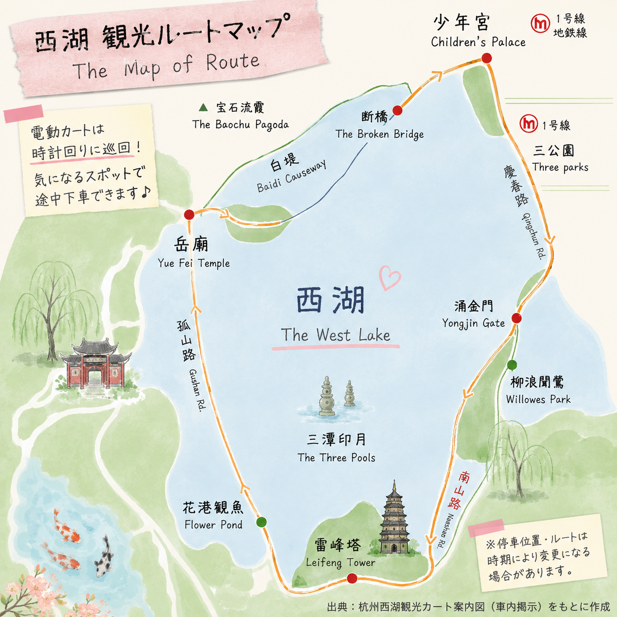 杭州西湖の電動カート停車場所マップ