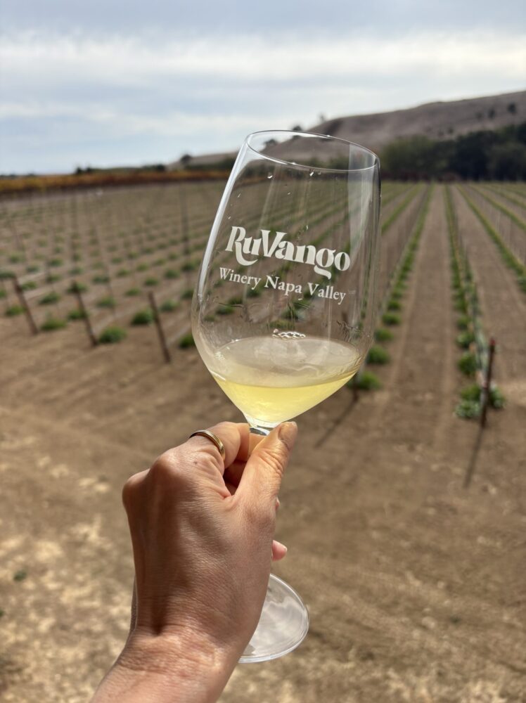 RuVango Wineryの白ワインと葡萄畑