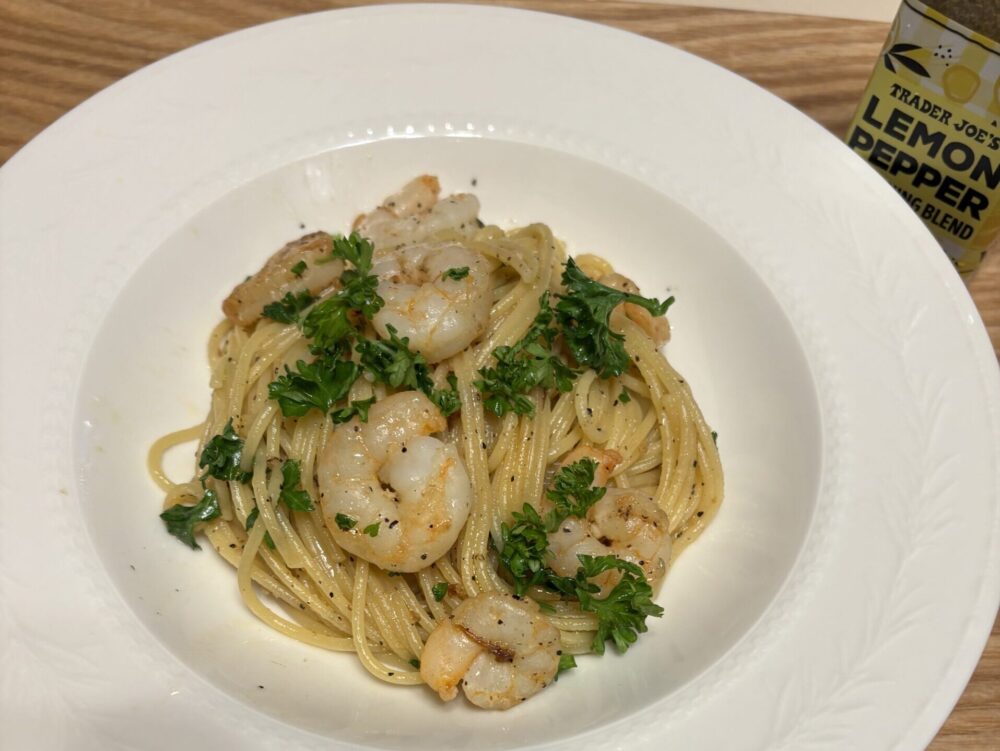 Trader Joe’sのLemon Pepperを使ったエビのパスタ