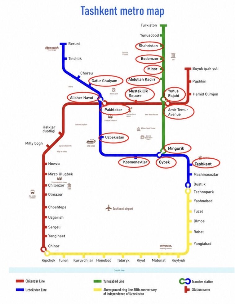 タシケント地下鉄の各路線と駅名を示した路線図